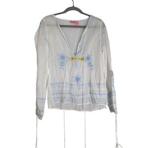 Boho Embroidered Tunic Lightweight Women's Medium White Blue Flowing Top Andrew